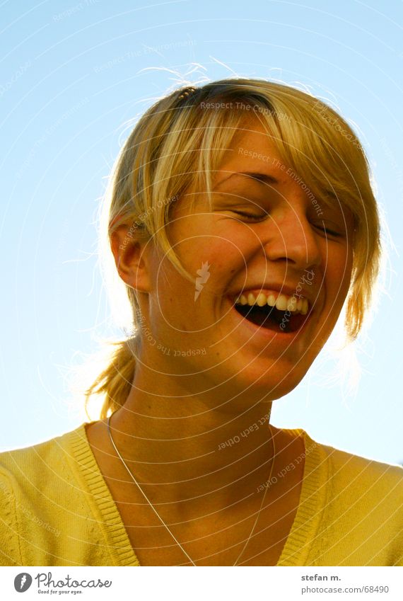 When the sun shines Sun Blonde Woman Yellow Sweater Strand of hair Laughter Happy Joy fun Sky Blue Light (Natural Phenomenon) Hair and hairstyles Eyes Teeth