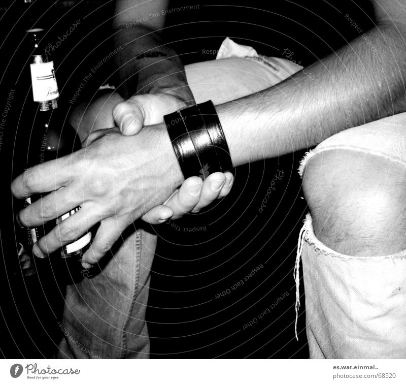being sexy while drinking beer. Bracelet Beer Black White Torn Knee Light Hand Fingers Fingernail Vessel Pants Man Enclose Broken Easygoing Relaxation Nerviness