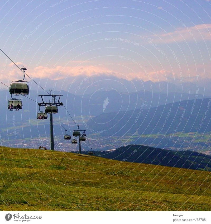 noctis umbrae Vacation & Travel Hill Mountain range Peak Meadow Green Austria Clouds Chair lift Cable car Calm Beautiful Relaxation Far-off places Perspective