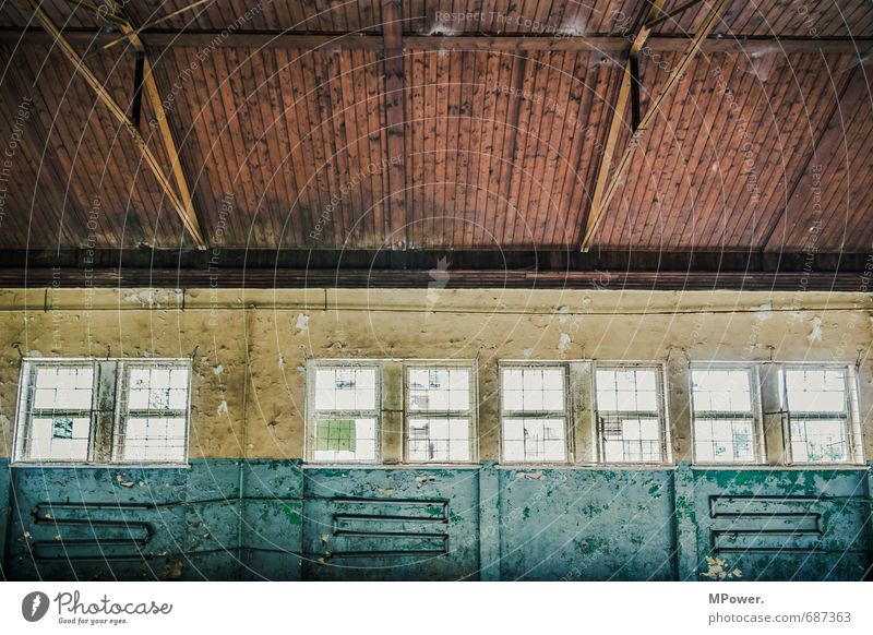 the decay II Window Warehouse Hall Old Wooden ceiling Interior shot Interior design Contrast Joist Roof beams Heating pipe Deserted Old building Redecorate