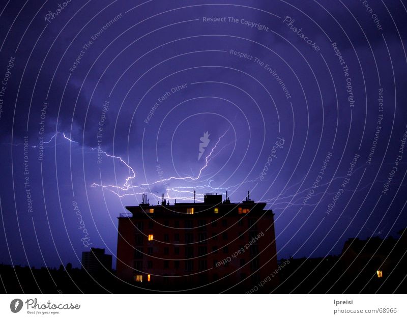 Thunderstorm over Vienna Threat Clouds House (Residential Structure) Lightning Flashy Night Long exposure Sky Blue Closed Tall Thunder and lightning
