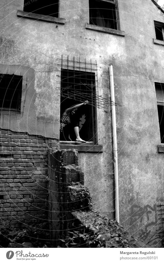 the window to freedom Ruin Grating Window Gray House (Residential Structure) Woman Brick Black & white photo Climbing Stairs