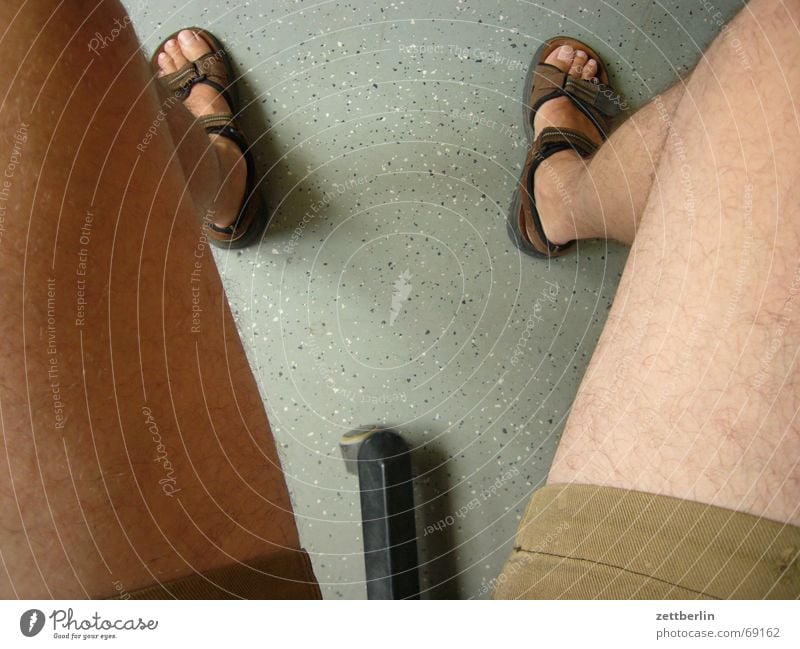 View down Toes Sandal Calf Knee Lower leg Thigh Pants Exhibitionism Feet Naked flesh Shorts Bird's-eye view Section of image Partially visible Detail Funny Joke