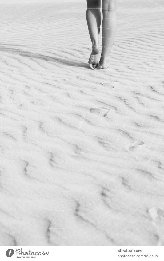 one avant Art Esthetic Contentment Forwards Black & white photo Legs Woman's leg Barefoot Decent Walking Tracks Desert Feet Calm Movement Loneliness Free space