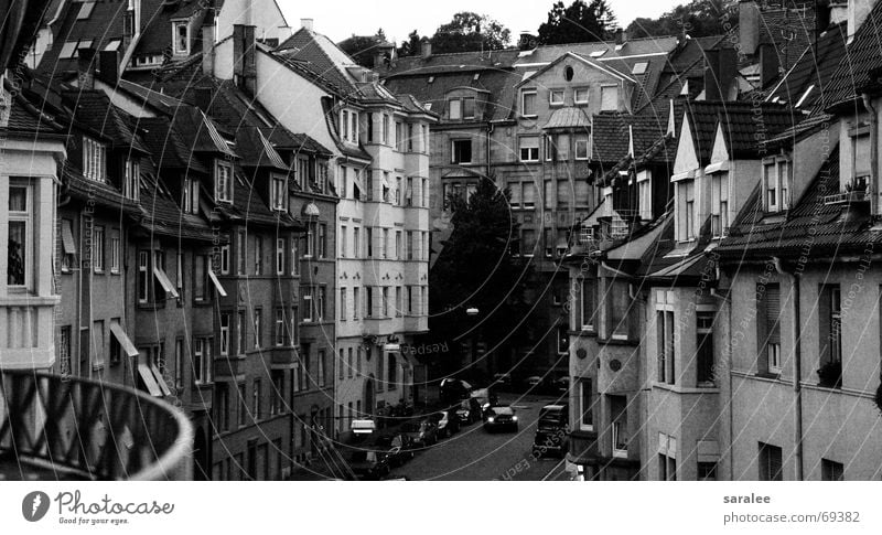 Stuttgart House (Residential Structure) Symmetry Geometry Window Vantage point Moody Old Row Black & white photo B/W Street Review Architecture