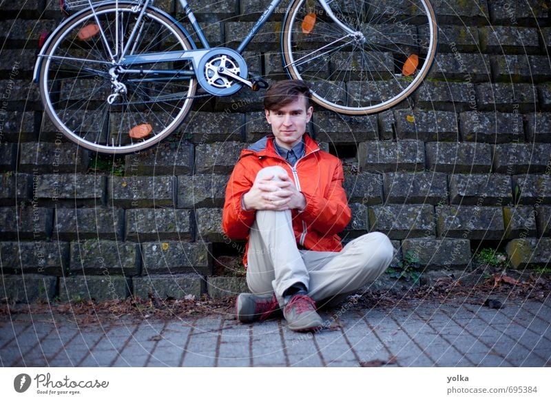 Young man with bicycle posing outdoor on the ground Human being Masculine Youth (Young adults) 1 18 - 30 years Adults Youth culture Environment Spring Autumn