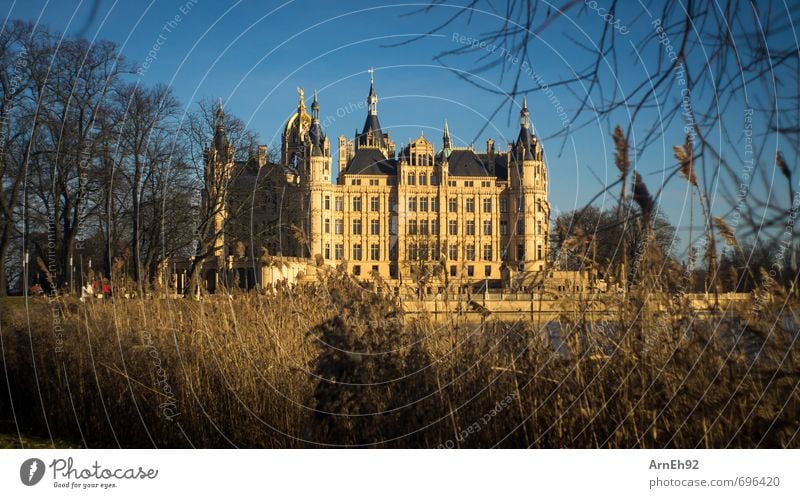 Schwerin Castle Sun Sunlight Spring Beautiful weather Town Capital city Downtown Tourist Attraction Monument Old Rich Warmth Blue Gold Orange Colour photo