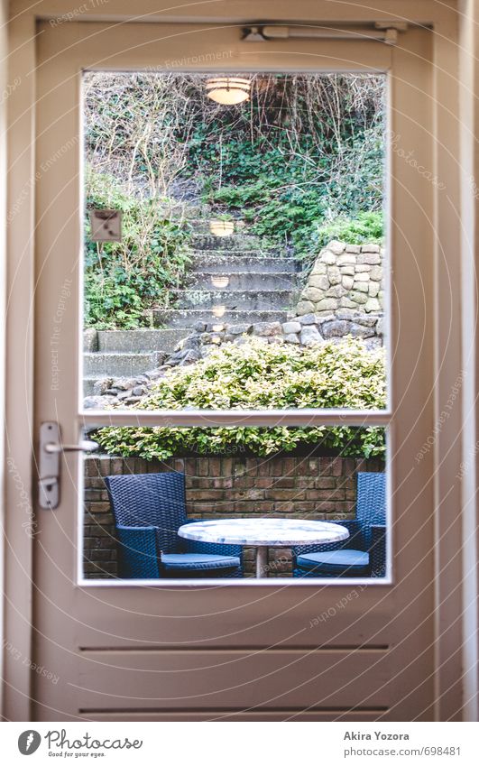 garden door Nature Plant Bushes Ivy Garden House (Residential Structure) Wall (barrier) Wall (building) Stairs Door Relaxation Sit Blue Brown Yellow Gray Green