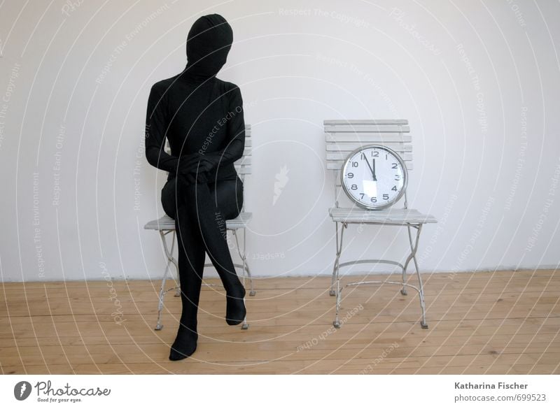 Waiting time 1 Human being Art Sculpture Sit Brown Gray Black White Emotions Prompt Room Chair Clock Minute hand Time Hour hand Past Present Day Future Patient