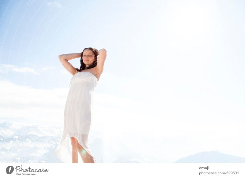 free Feminine Young woman Youth (Young adults) 1 Human being 18 - 30 years Adults Environment Nature Sky Dress Bright Beautiful Blue White Colour photo