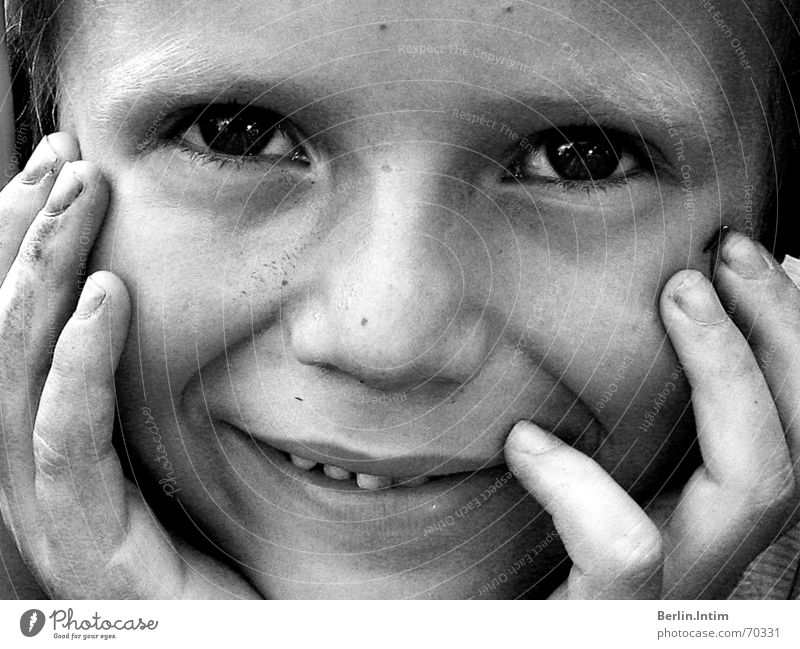 Put A Smile Upon Ur Face Black White Portrait photograph Child Hand Empty Boy (child) Laughter Eyes Gap Teeth