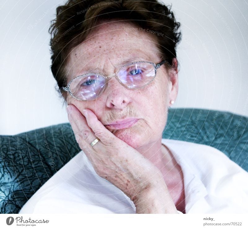 why so sad omilein? Grandmother Senior citizen Sweet Cute Eyeglasses White Green Portrait photograph Lovely Hand Fingers Freckles Lips Desire granny sixty Face