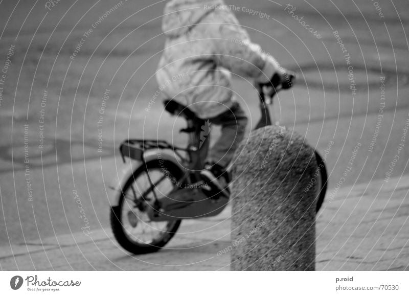 headless. Bicycle Child Town Sidewalk Asphalt Light heartedness Spontaneous Black & white photo Playing pavement children childhood Snapshot