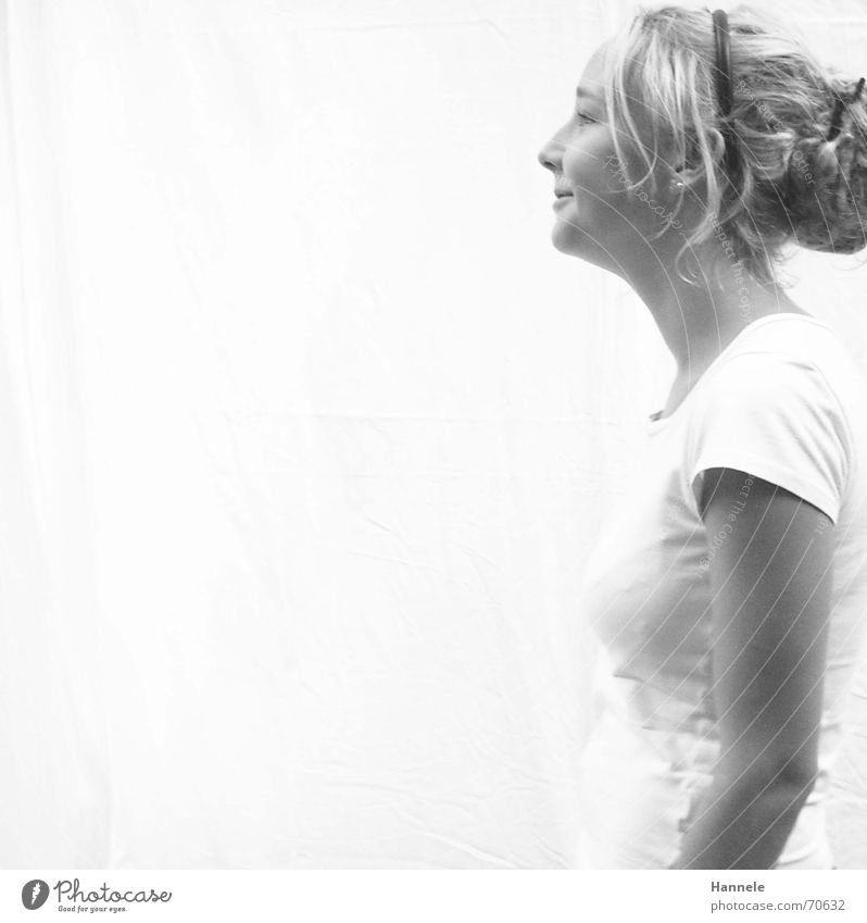 Claudi Woman White Dreadlocks T-shirt Friendliness Laughter white wall Black & white photo sympathetic Open