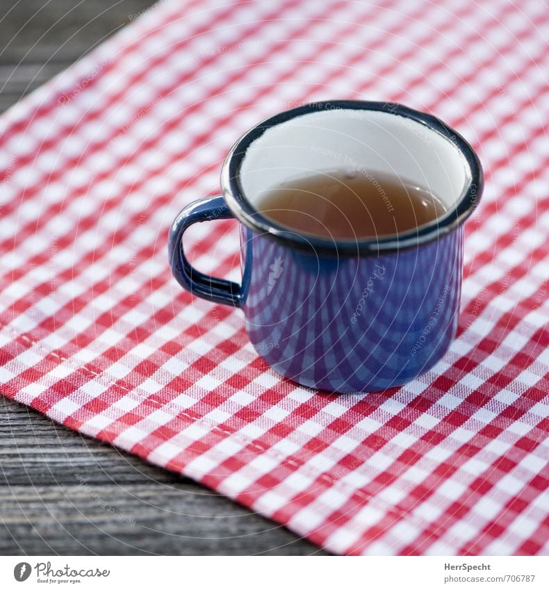 Teatime on diamonds Beverage Drinking Hot drink Cup Trip Wood Metal Cute Retro Blue Red White Checkered Tablecloth Enamel Wooden table Tea cup Break Refreshment