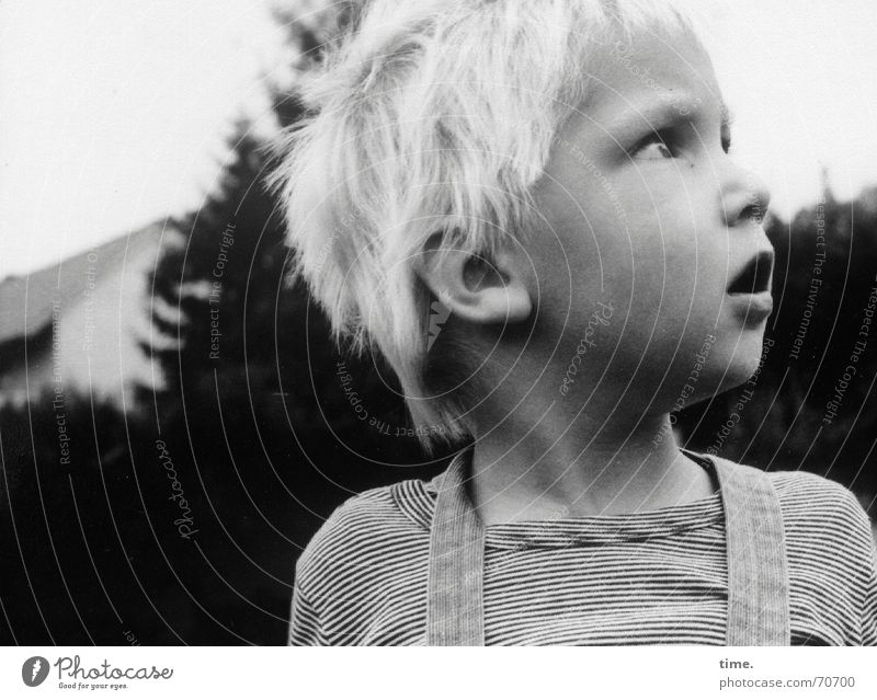 Can't I stay a little longer? Black & white photo Exterior shot Face Boy (child) Blonde Watchfulness Amazed Former topsy-turvy Ask