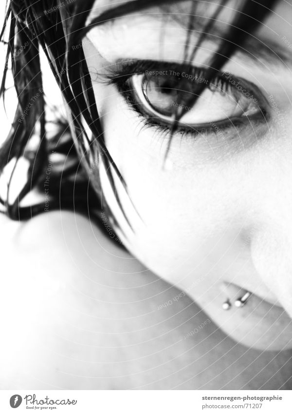 wet. Black-haired Piercing Lip piercing Longing Wet Self portrait Face of a woman wet hair Eyes black eyes Water Fear Black & white photo half page portrait