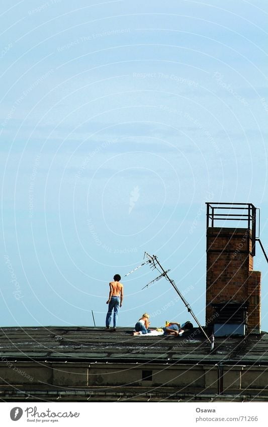summer in berlin Summer Relaxation Man Woman 3 Roof Antenna Sky blue Friedrichshain two girls one man Chimney Blue