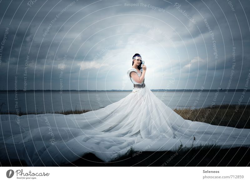 the dress Carnival Human being Feminine Woman Adults 1 Subculture Environment Nature Landscape Water Sky Clouds Horizon Grass Coast Beach Bay North Sea Skirt