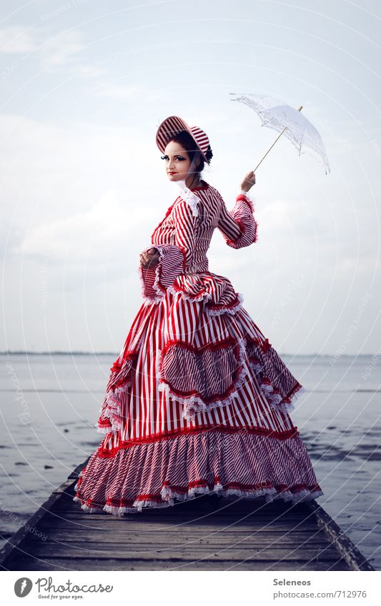 Mary Human being Feminine Woman Adults 1 Nature Sky Horizon Coast North Sea Baltic Sea Ocean Fashion Clothing Dress Historic Accessory Sunshade Hat Longing