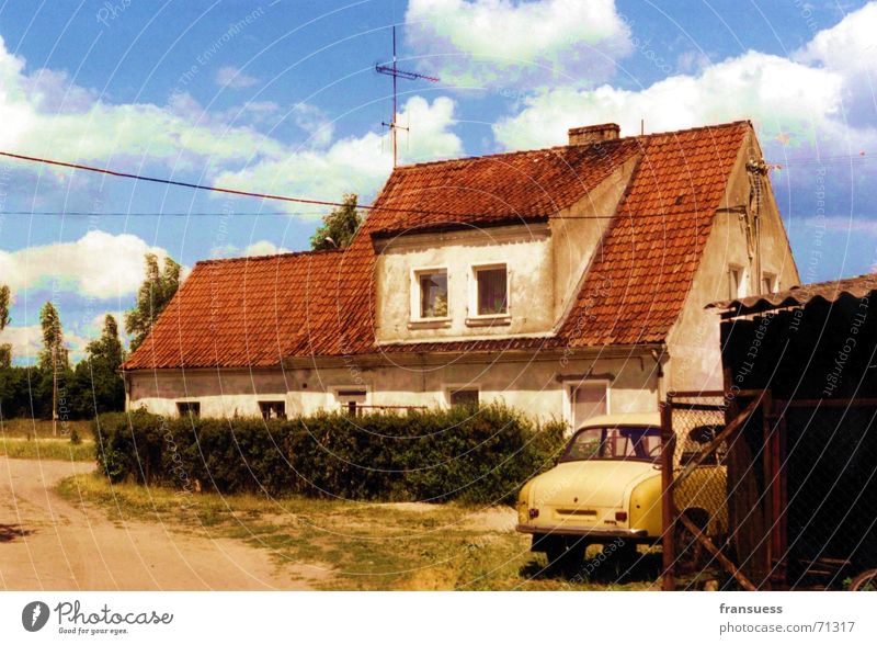 yellow car Farm Train station Yellow Clouds House (Residential Structure) Poland Masuria Car Blue Sky