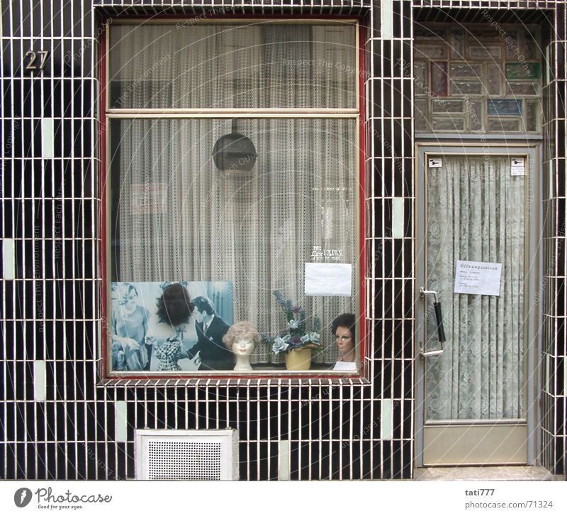 hairdresser Wig Facade Seventies Cologne-Ehrenfeld Shop window Ornamental plant Hairdresser