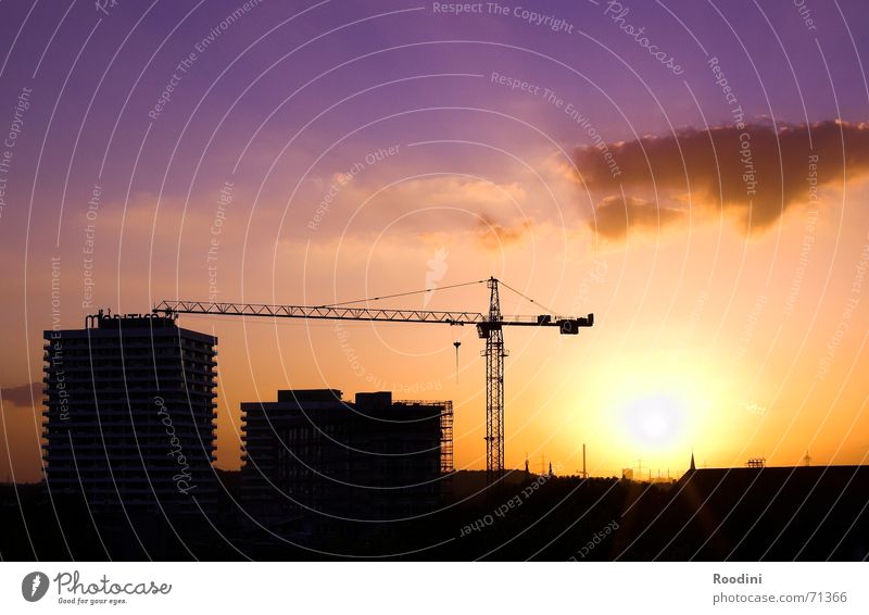 The Sun goes down Sunset Construction crane Crane Moody Evening sun Twilight Construction site High-rise Building The Ruhr Clouds Weather Beautiful Earth
