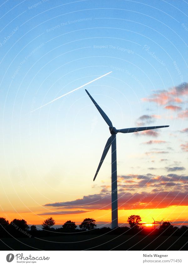Everything only with wind 2 Wind energy plant Meadow Green Sunset Grass Red Tree Airplane Sky Dusk