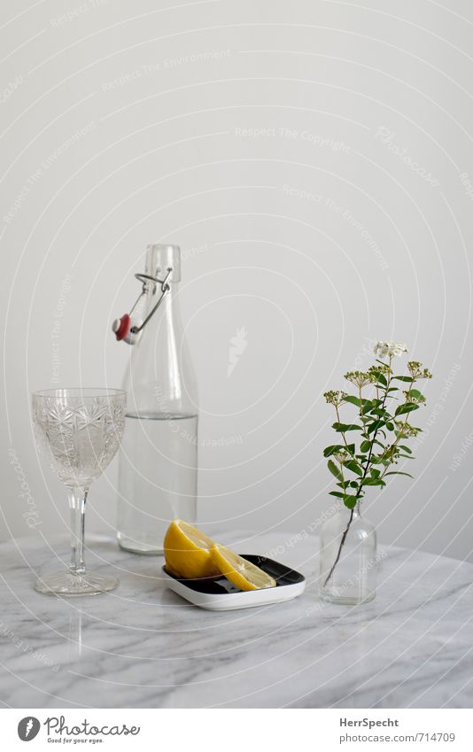 At the marble table Cold drink Drinking water Crockery Plate Bottle Glass Living or residing Flat (apartment) Table Room Stone Bright Gray White Calm