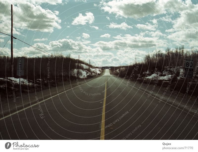 Highway in Canada Sky Clouds Asphalt Far-off places Badlands Infinity Long Empty Street big road Lanes & trails far Landscape very Traffic infrastructure