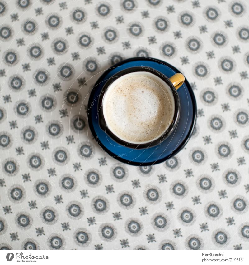 morning coffee Beverage Hot drink Coffee Living or residing Interior design Decoration Table Metal Beautiful Round Clean Blue Yellow Gray Cup Tablecloth