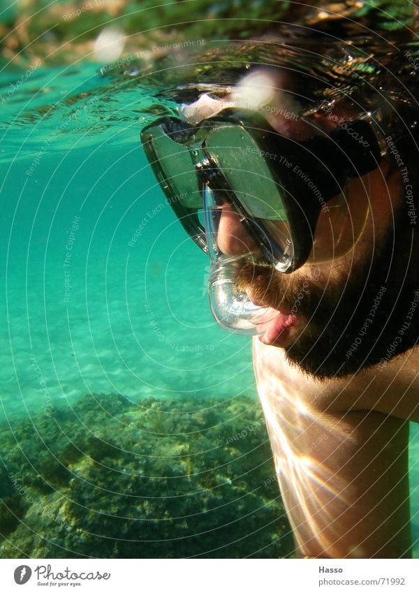 Blubb Blubb³ Dive Snorkeling Diving equipment Diving goggles Man Facial hair Ocean France Bottom of the sea Surface of water Summer Vacation & Travel Physics