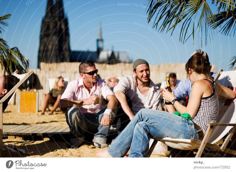 chilling on the skybeach Beach Relaxation Vacation & Travel Palm tree Cologne Mall Town Human being Friendship Drinking Beer Tom Tom Green Crate Landmark Sand