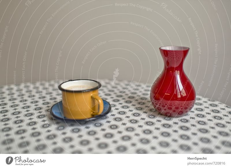 Cup (full), Vase (empty) Beverage Hot drink Coffee Living or residing Table Kitchen Beautiful Yellow Gray Red Empty Full Coffee cup To have a coffee Saucer Mug