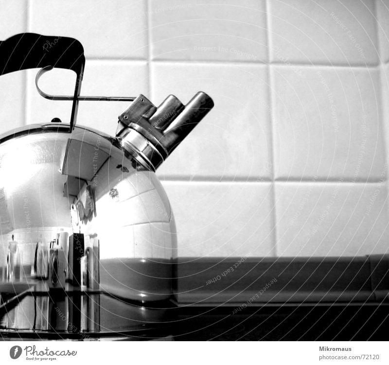 tea kettle Boiler Tea Carry handle Door handle Whistle Triad Kitchen Black & white photo Stove & Oven Water Drinking water Cooking Hot Coffee Tile Thirst