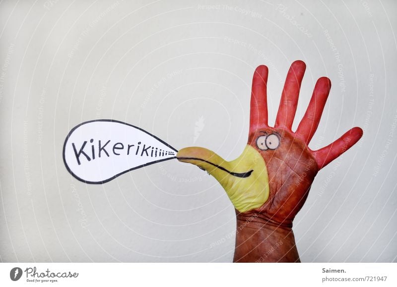 Morning hour has... Hand Emotions Rooster Cockscomb Fingers Comic Comic strip character Painted Speech bubble Creativity Arise Wake Colour photo Interior shot