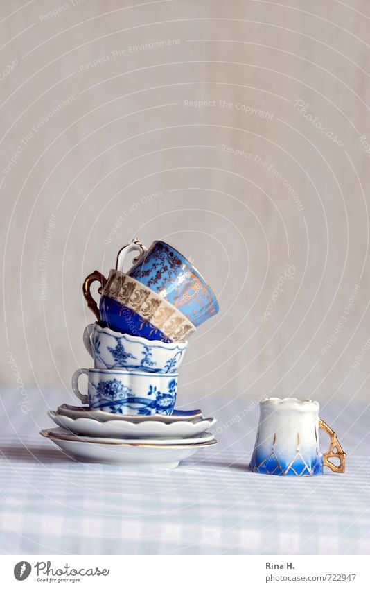 slanting position Crockery Cup To fall Blue White mocha cups Tower Stack Fallen Crazy Tilt tablecloth Checkered Vintage Playing Curlicue Porcelain Still Life