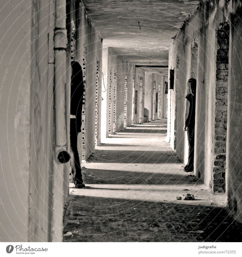 Two girls in the hallway Possible Tunnel Light Hallway House (Residential Structure) Building Dismantling Ruin Hotel Gernrode Brick Wall (building) Entrance