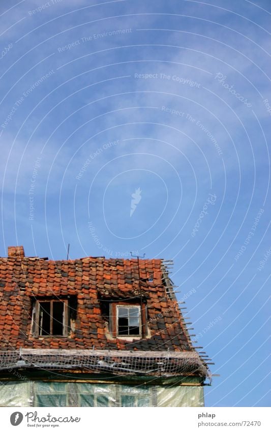 half city sky Clouds Roof Window House (Residential Structure) Ruin Half-timbered facade Facade Roofing tile Red Broken Hope Vantage point Sky Glass Blue Old