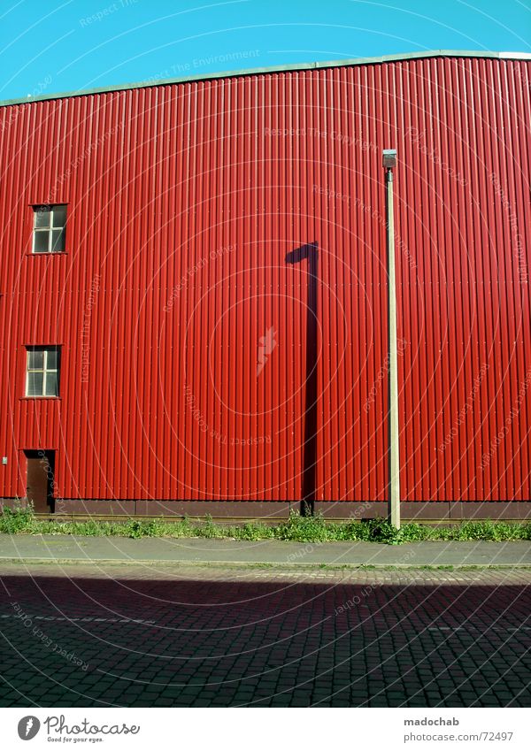 LACK OF GREEN | warehouse hall architecture waiting colors brightly colored Red Wall (building) Wall (barrier) Window Lantern Gaudy Multicoloured Meadow Grass