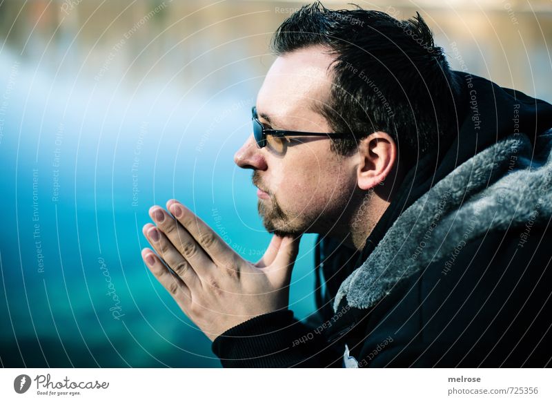 in thought ... Masculine Young man Youth (Young adults) Adults Head Hand 1 Human being 18 - 30 years Spring Beautiful weather Pond Jacket Pelt Eyeglasses