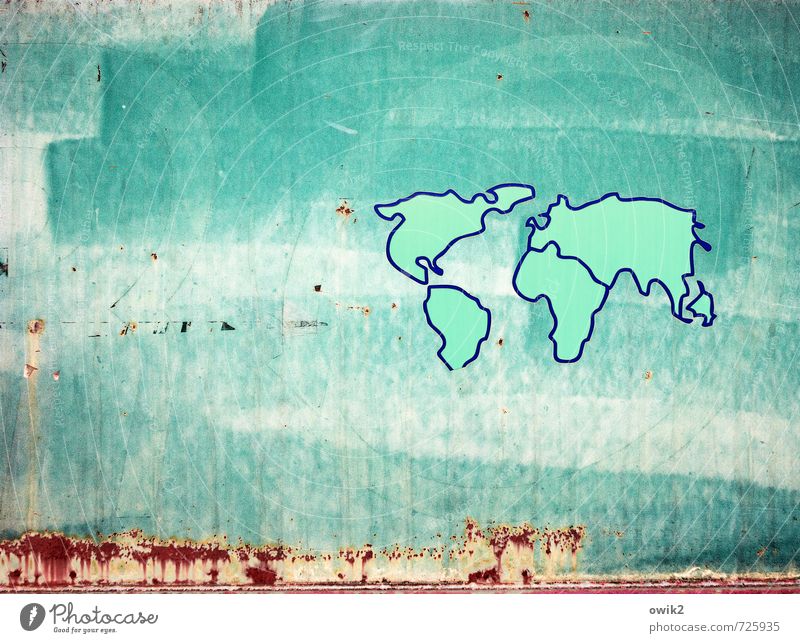 world view Metal Rust Simple Gigantic Large Infinity Blue Green Red Turquoise Map of the World Continents Silhouette Contour Painted Art Work of art Dye