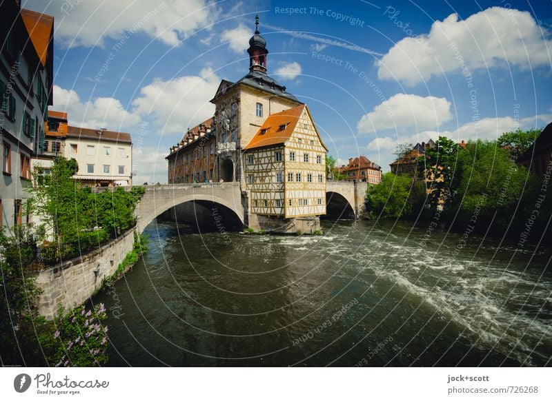 Postcard Bamberg Sightseeing Rococo Sky Clouds Beautiful weather River Regnitz river City hall Half-timbered house Tourist Attraction Landmark Famousness