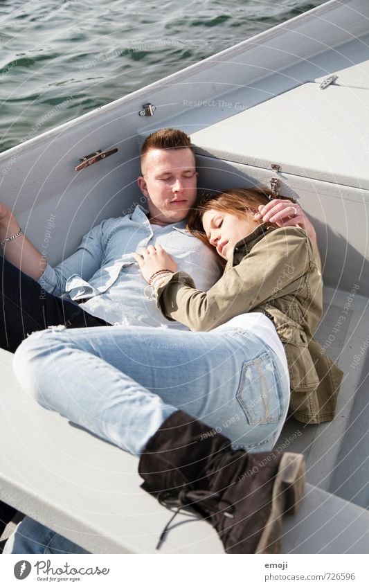 on the lake Masculine Feminine Young woman Youth (Young adults) Young man Couple 2 Human being 18 - 30 years Adults Hip & trendy Leisure and hobbies Rowboat