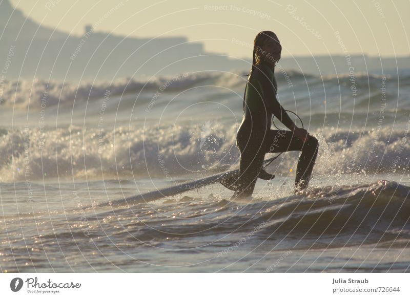 Surfer girl in the evening sun in white water Joy Leisure and hobbies Surfing Vacation & Travel Tourism Adventure Freedom Summer Summer vacation Sun Beach Ocean