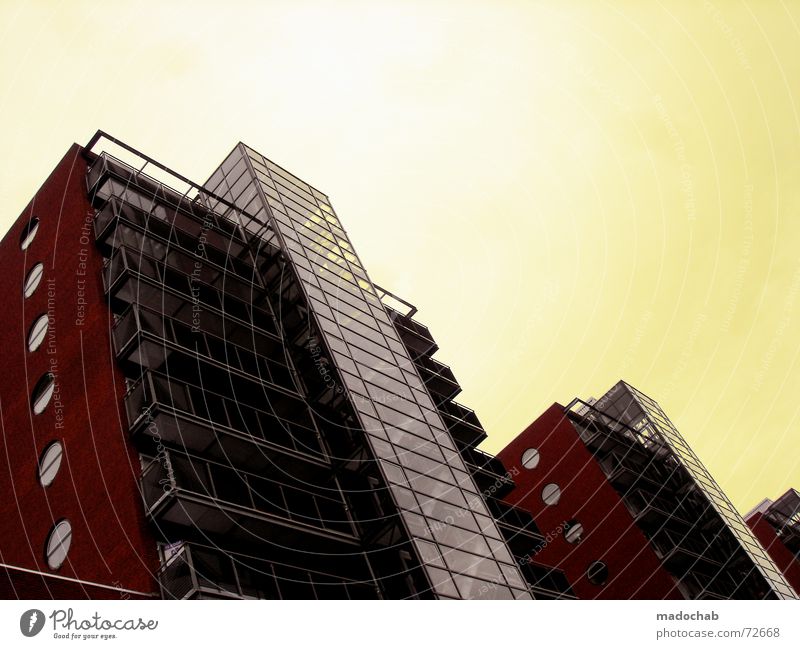 HIGH AND RAISING | high-rise building architecture House (Residential Structure) Building Block High-rise Red Yellow Sky Grating Material Wall (barrier)