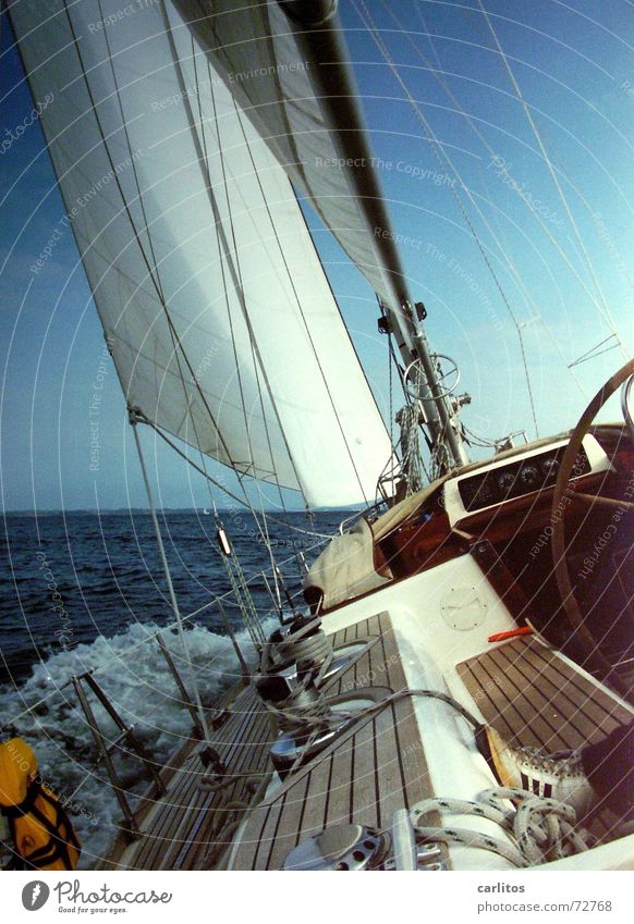 Hard on the wind Sailing Adventure Ocean Captain Life jacket Railing Starbord Port side White crest Waves Diagonal Driving Wind Freedom no harbour in sight