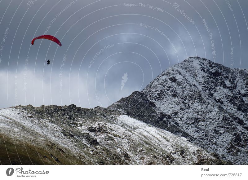 high up Paragliding Paraglider Human being Body Environment Landscape Clouds Summer Bad weather Alps Mountain Peak Snowcapped peak Aviation Aircraft To fall