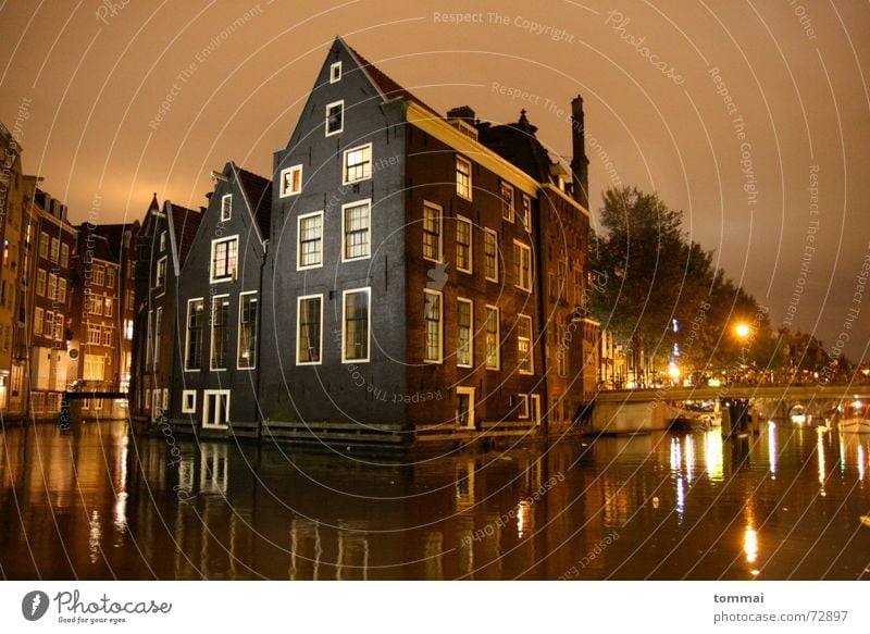 (h)amstardam(m) Amsterdam Mirror Reflection House (Residential Structure) Night Exposure Pointed roof Roof Light River Bridge Deluge Water