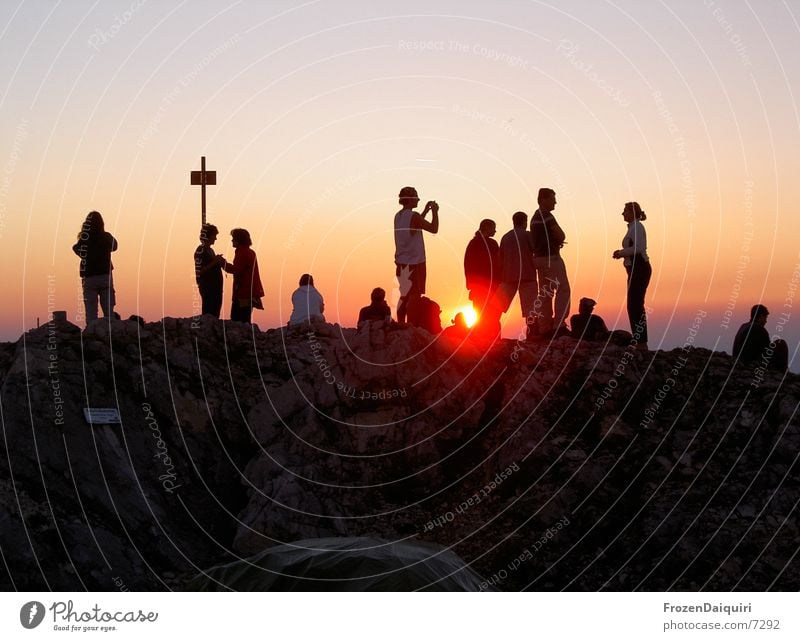 Traunstein Mountaineering Hiking Peak cross Sunset Red Completed Infinity Sky Clouds Panorama (View) Evening Human being Orange Success sun Free Freedom Dusk